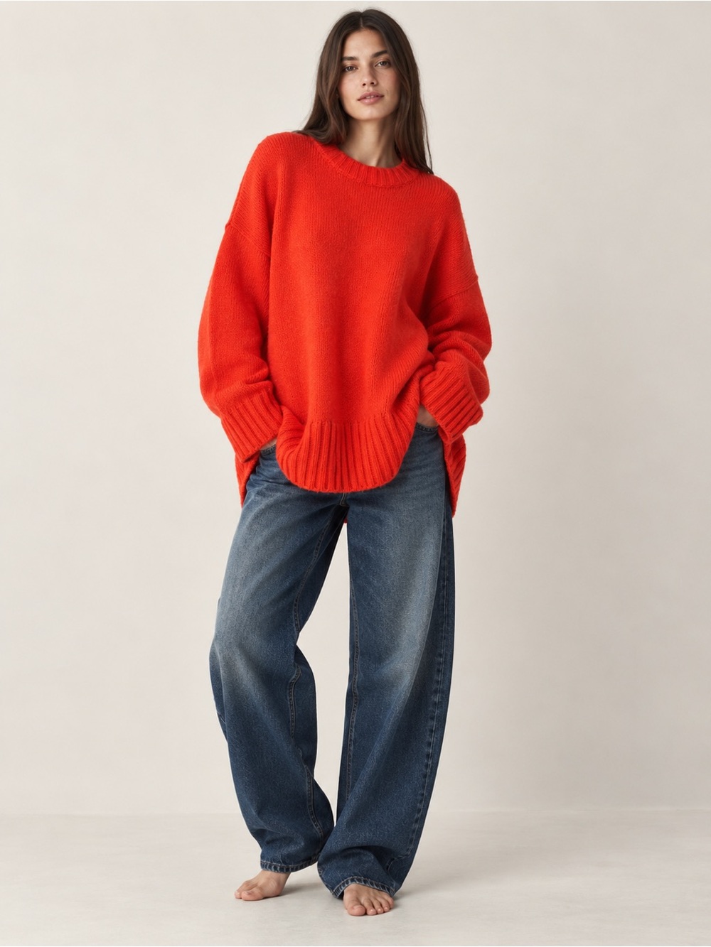Zara Knit M Neon Orange Wool Mohair Oversized High Low Sweater Fall Neon Ribbed